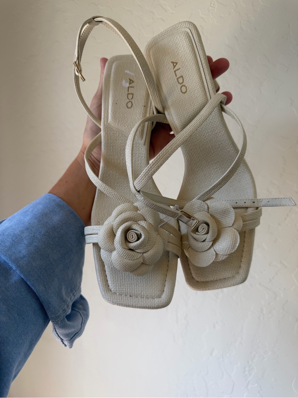 ALDO Cream Textured Floral Strap Heeled Sandals